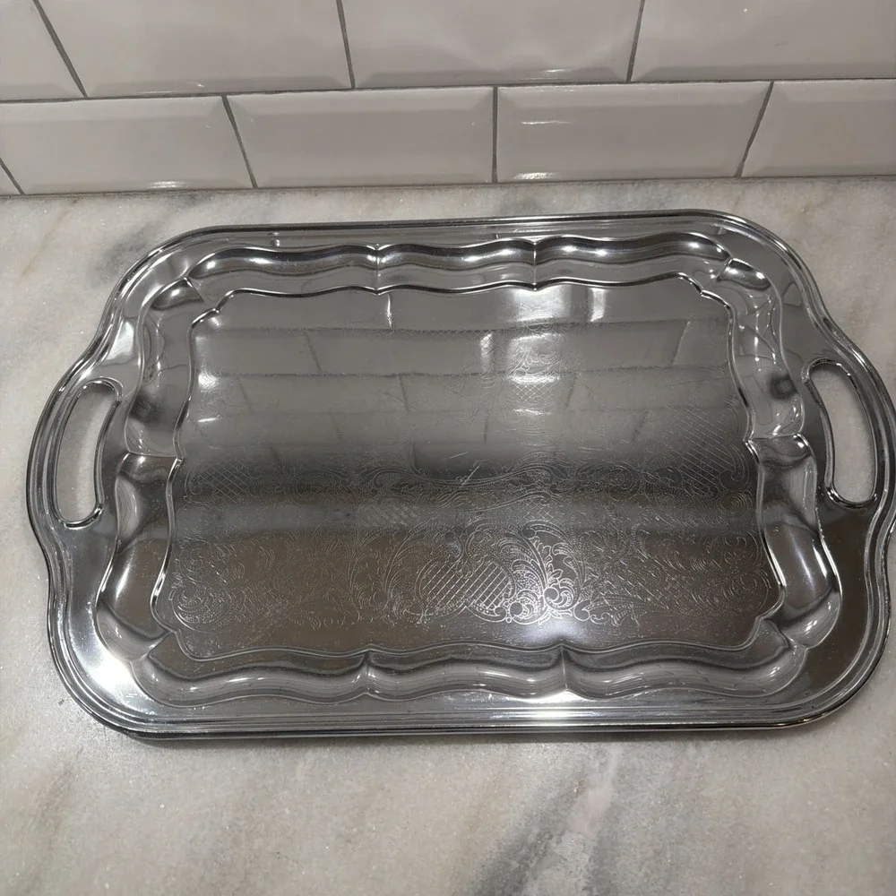 Rectangular Handled Tray Vintage Irvinware Metal Chrome Plated 18x12in OLA001